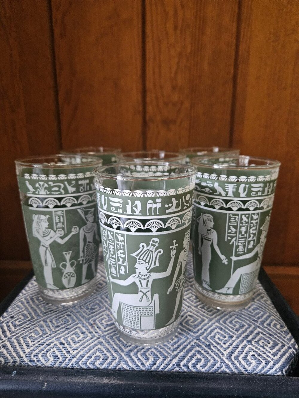 1960s Hazel-Atlas Wedgwood Green Egyptian Motif Glasses, Set of 6